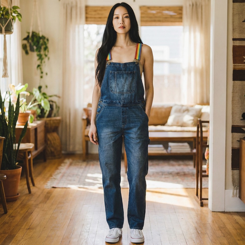 Tricot‎ Denim Overalls Womens Medium Blue Rainbow Strap Pride Bib Dungarees